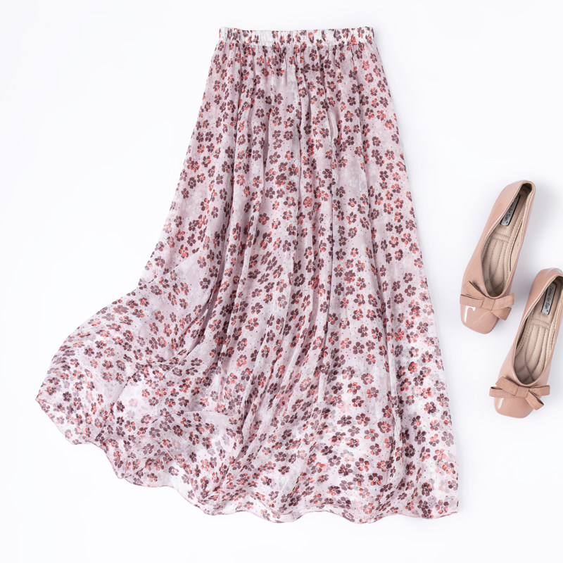 浅浅的温婉樱花粉~飘逸真丝松紧腰大摆半身裙双层长裙沙滩裙蚕丝