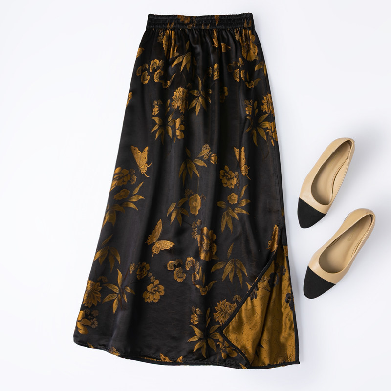 真丝老缎半身裙“黑金蝶恋花”光泽感松紧腰开叉长桶裙国风桑蚕丝,女装/女士精品,半身裙,淘宝优惠券,粉丝福利购,淘宝优惠卷