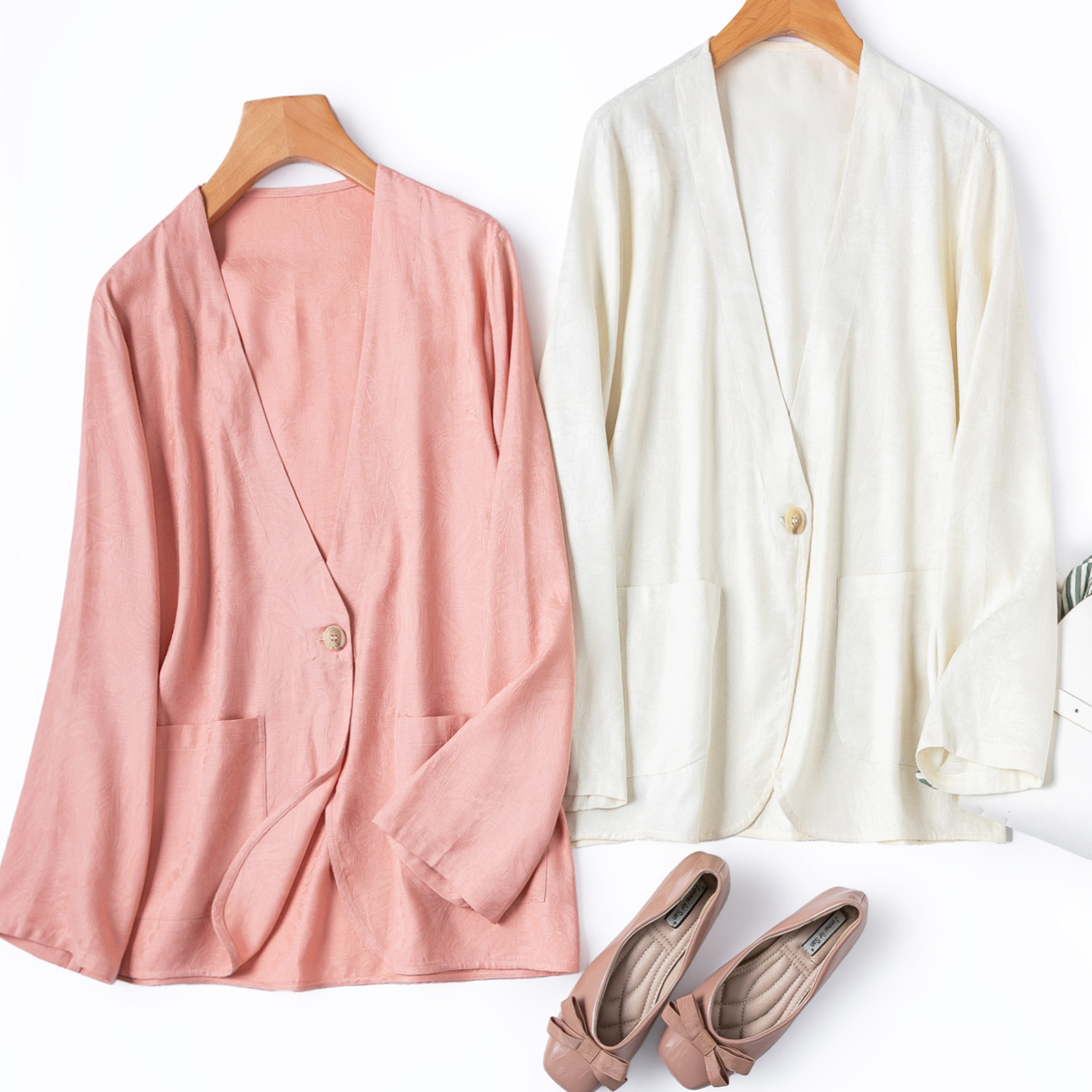 百搭通勤V领宽松西装开衫！100桑蚕丝提花绢丝长袖口袋外套女春夏