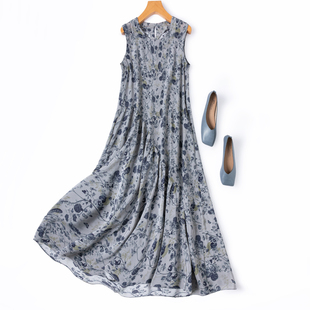 2.2米大摆!素雅青花瓷真丝双绉不规则大摆长裙度假桑蚕丝背心裙