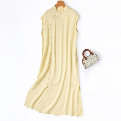 书卷气黄色改良旗袍真丝绢丝裙子