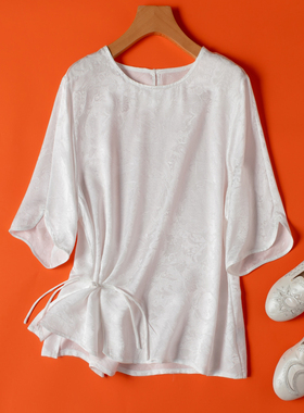 两穿！奢感新中式！白色盘扣真丝花罗桑蚕丝圆领五分袖T恤上衣女