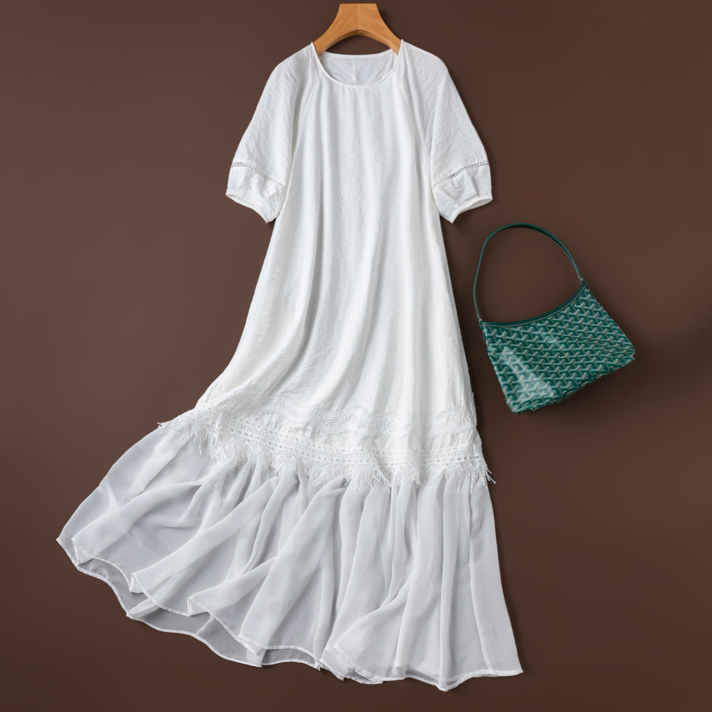 白色重工钩花干丝长裙！桑蚕丝大摆礼服裙有内衬飘逸真丝连衣裙