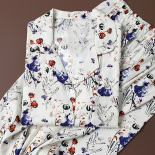 长裤 触肤享受 衬衫 弹力真丝短袖 花卉睡衣女 素绉缎反做居家套装