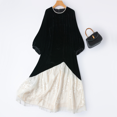 真丝丝绒灯笼袖钉珠鱼尾连衣裙