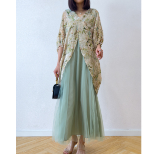 桑蚕丝林间礼服纱裙 连衣裙双层长裙 金线丝绒烂花真丝V领蝙蝠袖