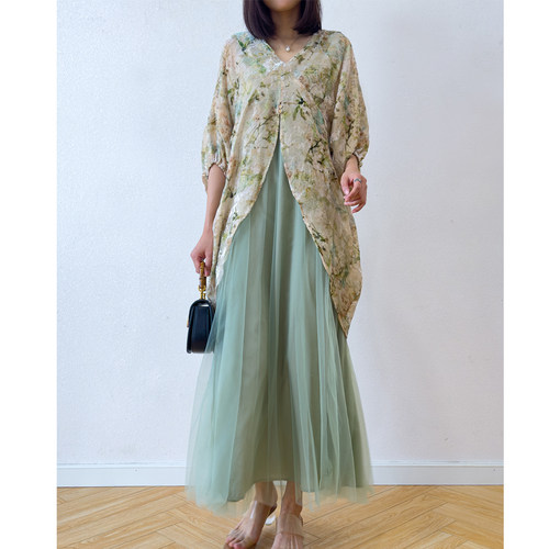 礼服纱裙金线丝绒兰花真丝连衣裙