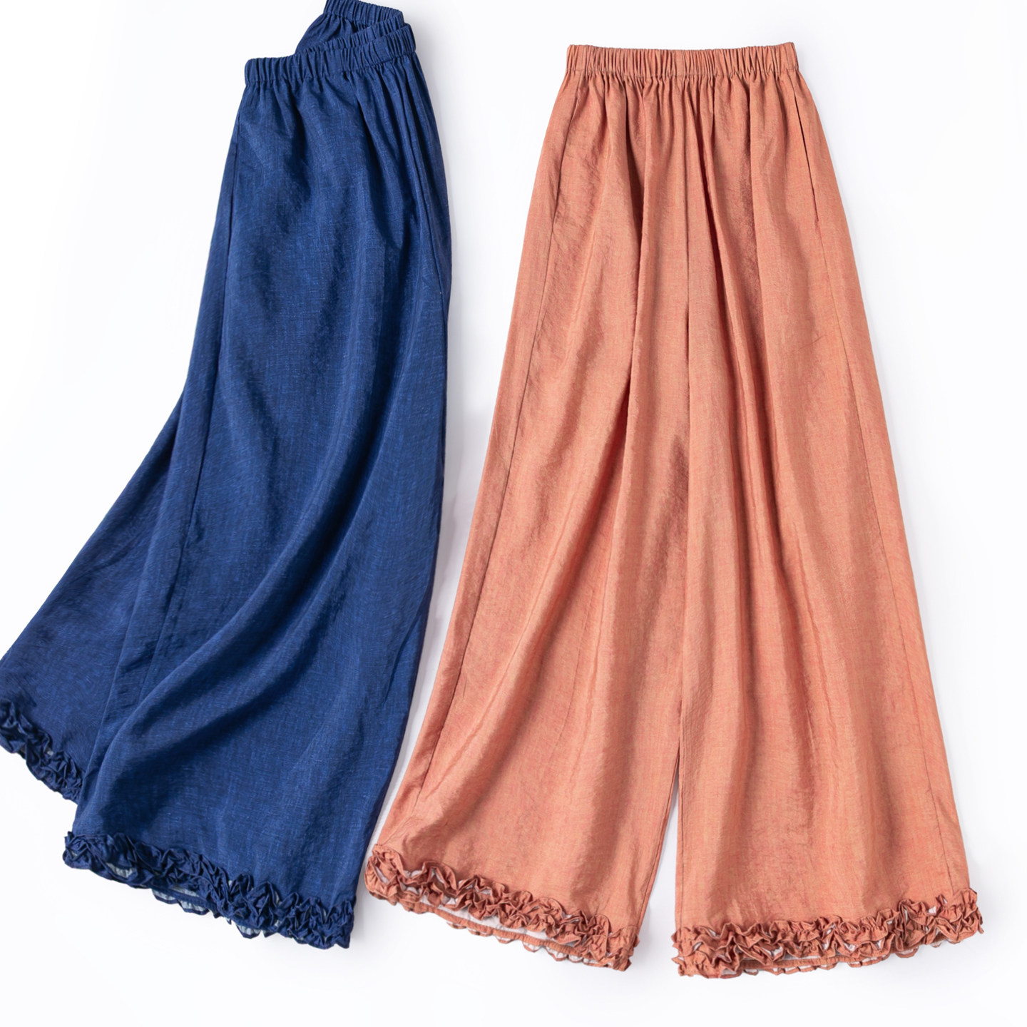 扎染风印花干丝裤！减龄木耳边九分裤桑蚕丝松紧腰真丝阔腿裤新款