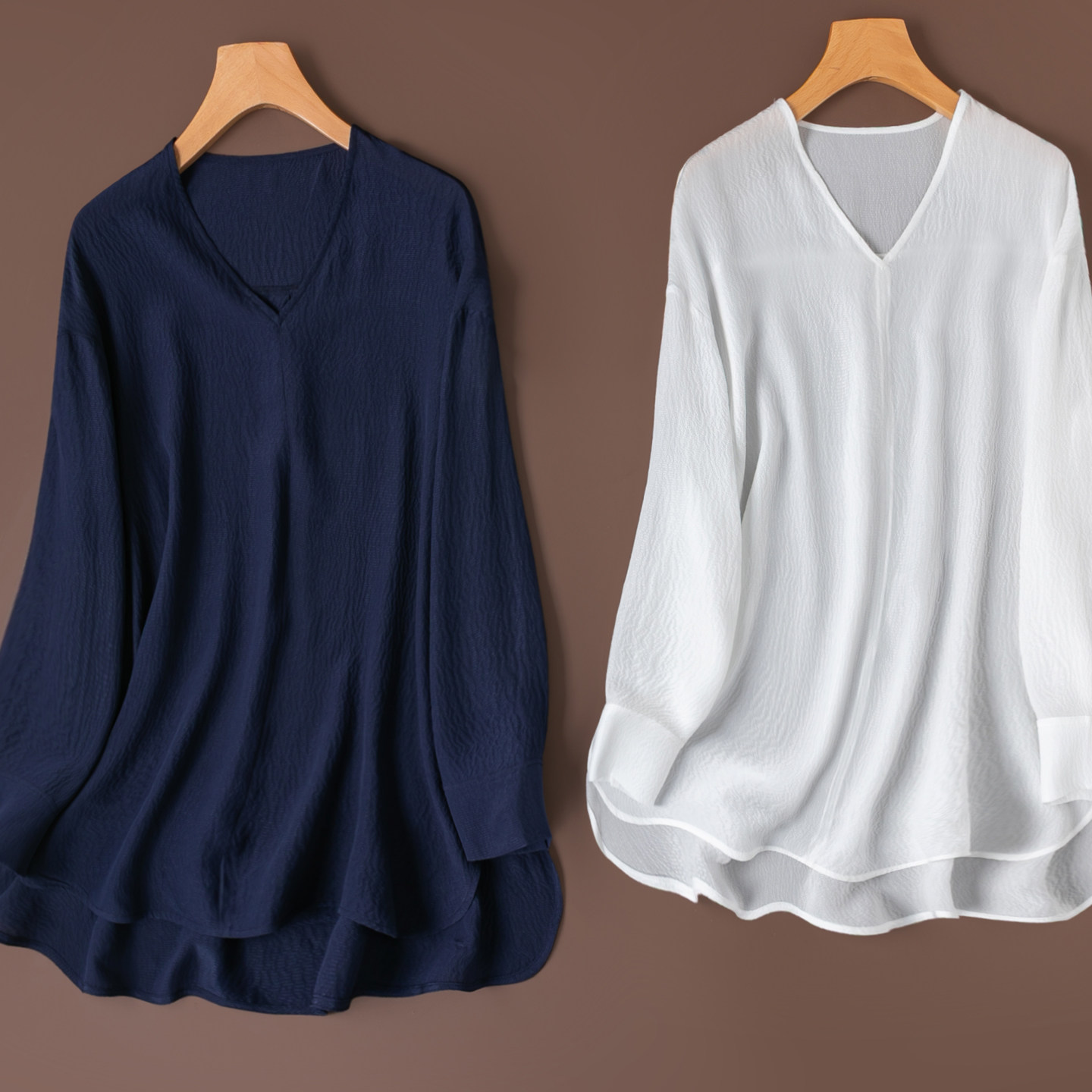 松弛大码泡泡绉真丝大衬衫！微透蚕丝V领长袖宽松上衣防晒中长款