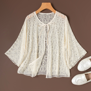 披肩半透视真丝外搭 亲肤镂空绣花系带七分袖 轻风迎面短款 防晒衫