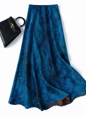 大摆真丝花罗香云纱鱼尾裙！加长斜裁修身桑蚕丝蓝色礼服半身裙