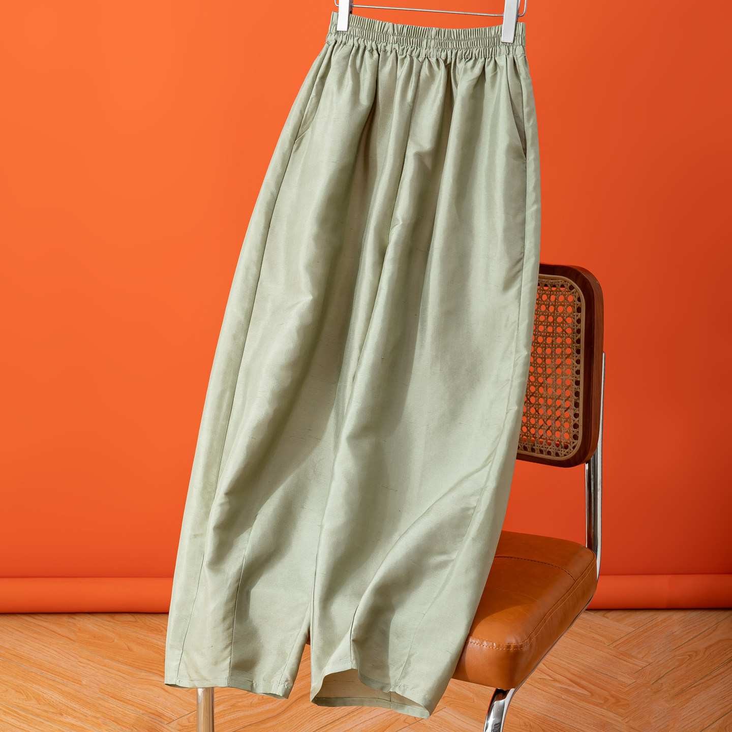 双宫真丝！！有廓型豆灰绿九分裤松紧腰哈伦裤桑蚕丝口袋休闲裤女