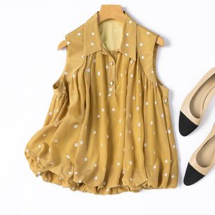 T恤通勤茧型有内衬背心 夏日减龄polo领减龄真丝无袖 橘子波点