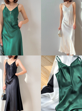 小重磅21姆米真丝法式V领斜裁桑蚕丝缎面吊带连衣裙收腰长裙子