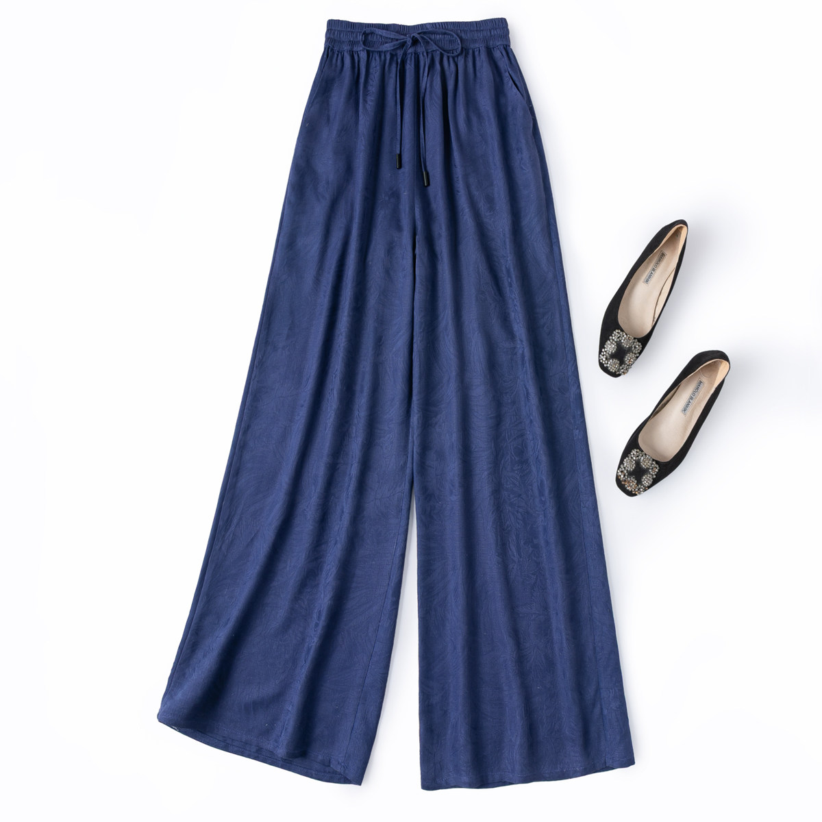 桑蚕丝提花绢丝！真丝松紧腰休闲长裤显瘦藏蓝阔腿裤女直筒春夏