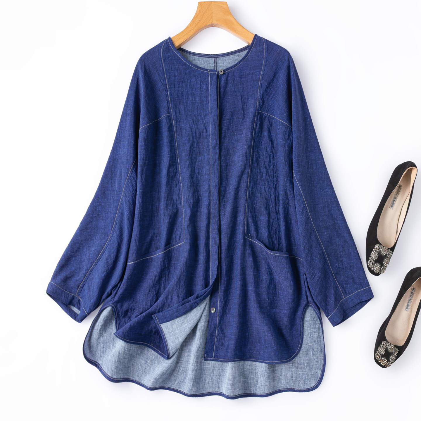 牛仔风印花真丝干丝设计师款款解构大码桑蚕丝宽松开衫上衣衬衫女