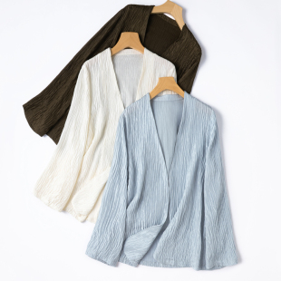 西装 无扣休闲外套 定制面料特泡皱凉爽双层复合褶皱真丝开衫