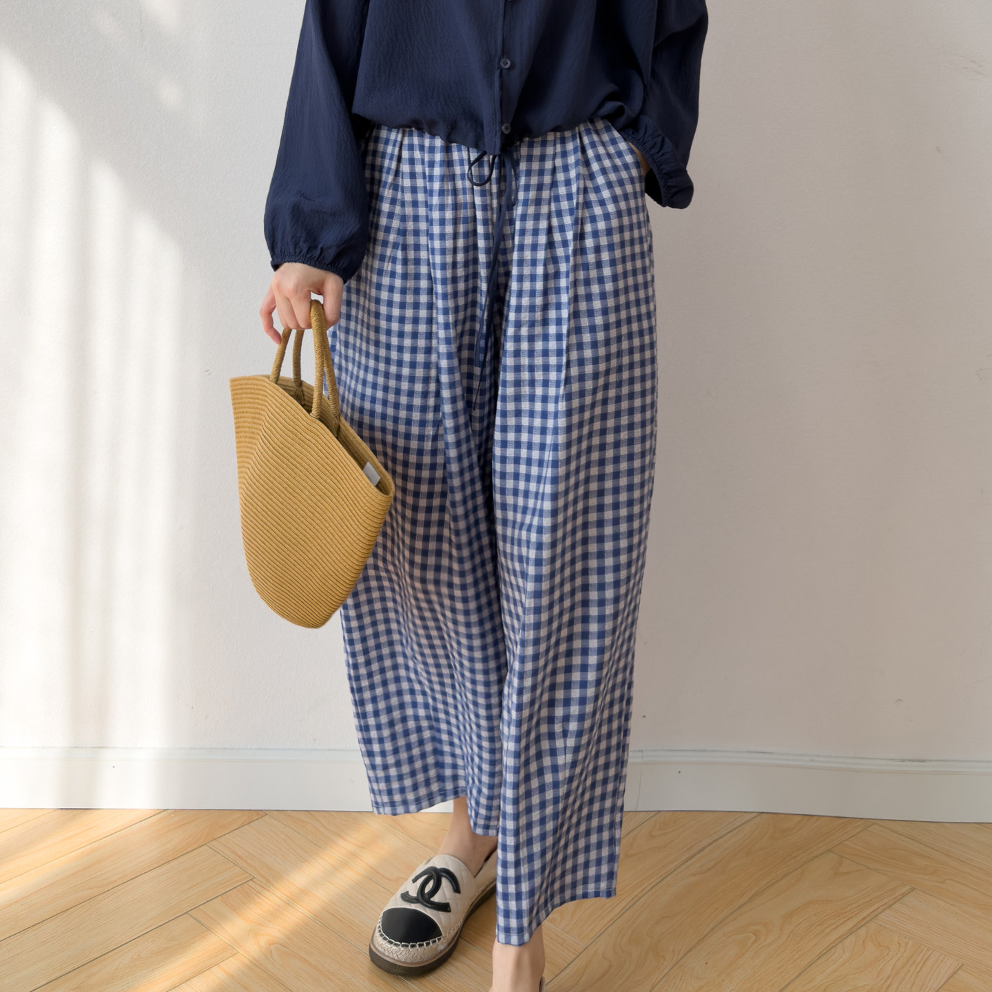 蓝白格dry silk干丝长裤肌理感真丝松紧腰宽松哈伦裤桑蚕丝休闲裤