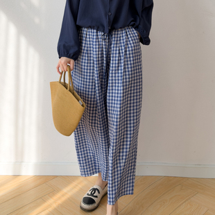 桑蚕丝休闲裤 肌理感真丝松紧腰宽松哈伦裤 silk干丝长裤 蓝白格dry