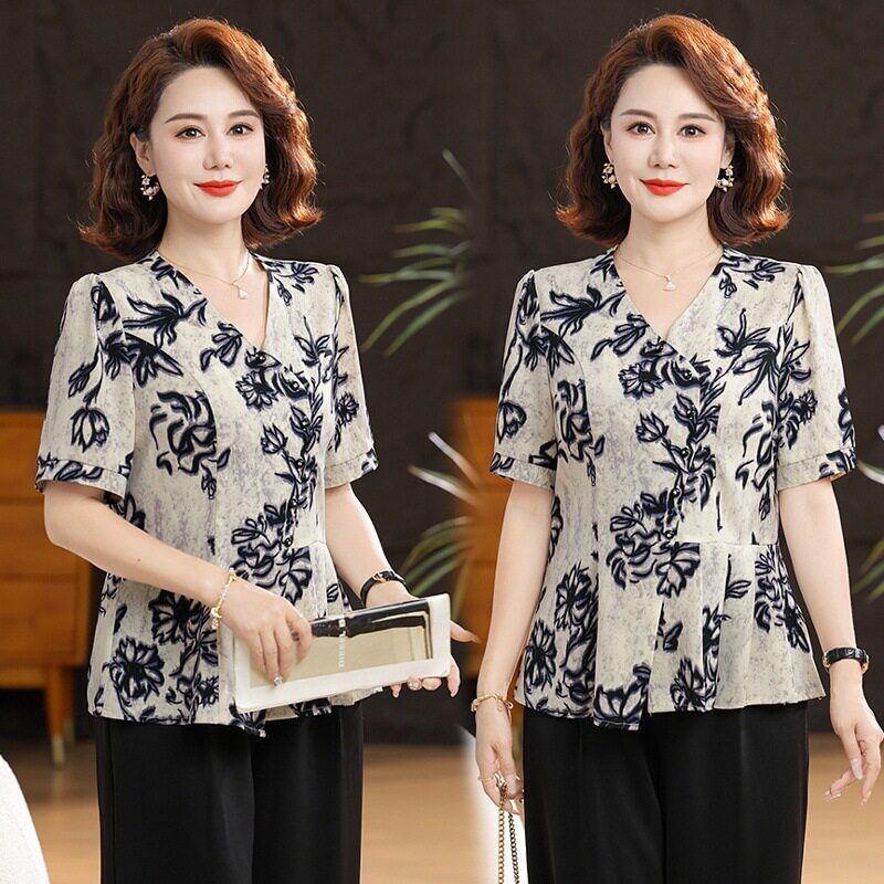 母亲节衣服时尚V领中老年女装套