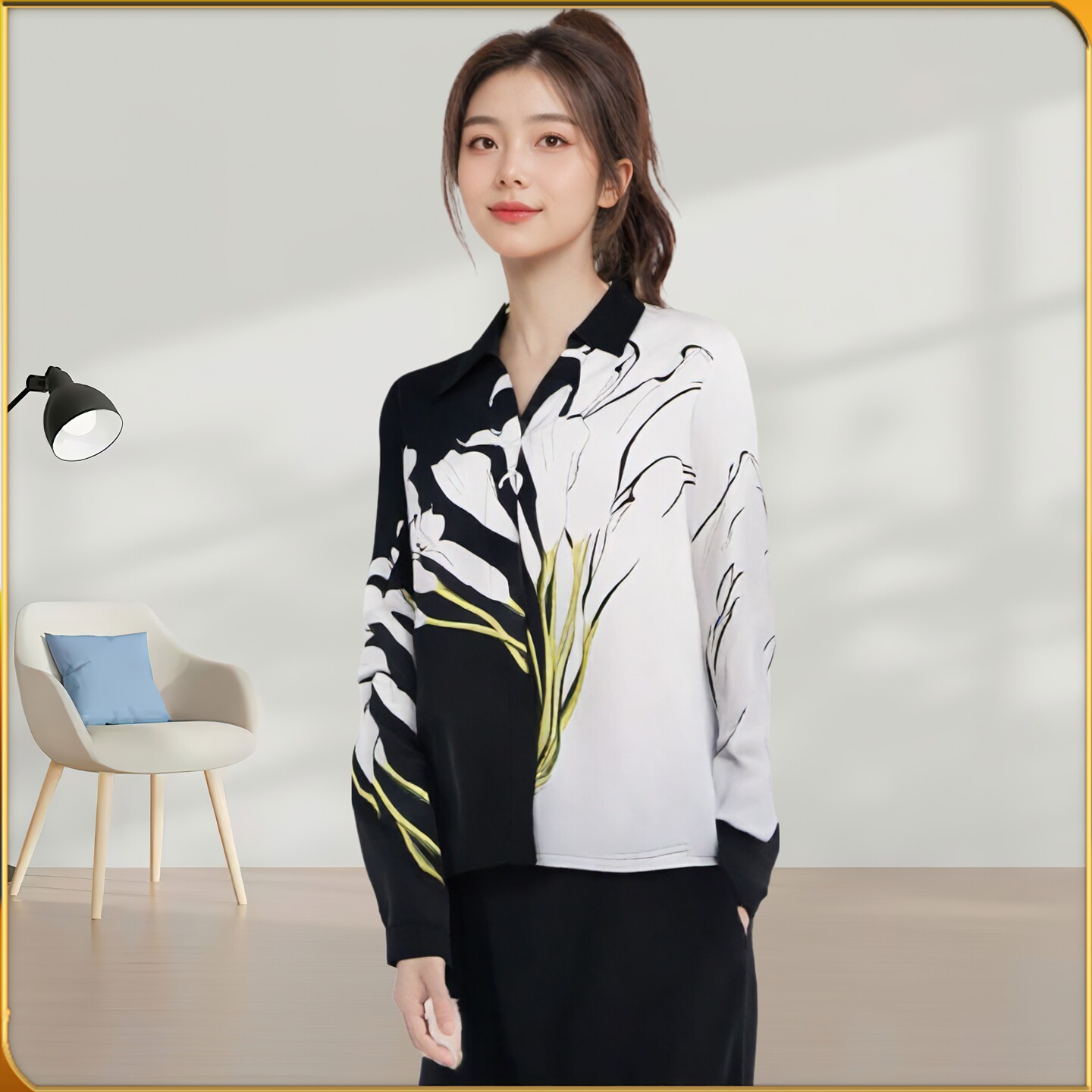 上衣港风复古印花长袖衬衫女士