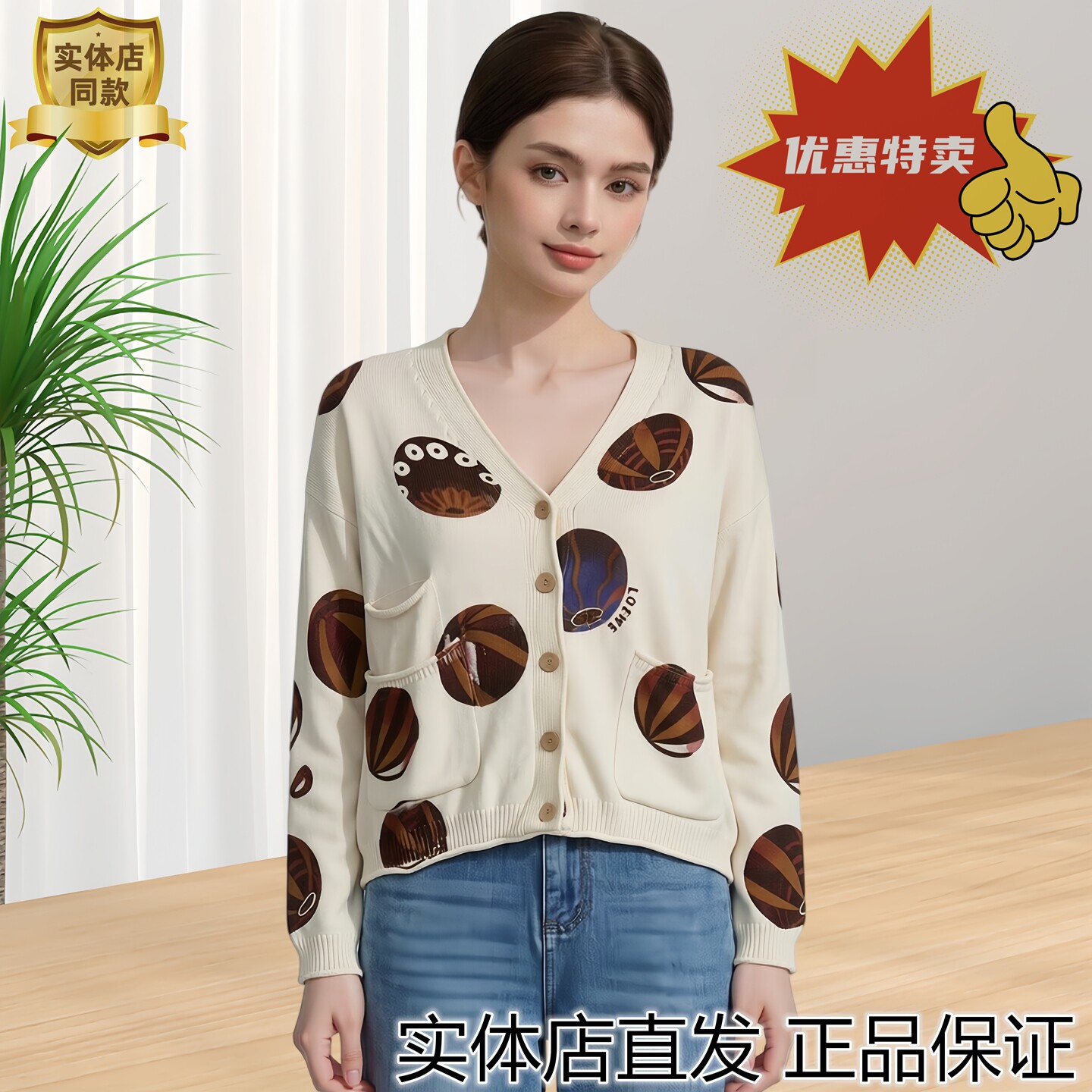 【实体店同款】韩版印花V领开衫女针织衫纽扣口袋针织外套hb1313
