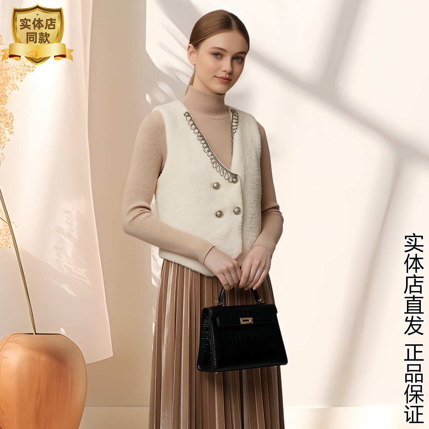 轻奢女士V领无袖背心+长袖连衣裙