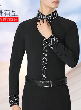 丹宝罗摩登舞服表演服2023年新款黑色长袖男士帅气衬衣华尔兹上衣