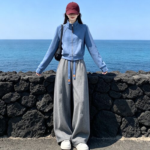 2026秋季新款韩版时尚休闲运动套装女立领卫衣外套阔腿裤两件套
