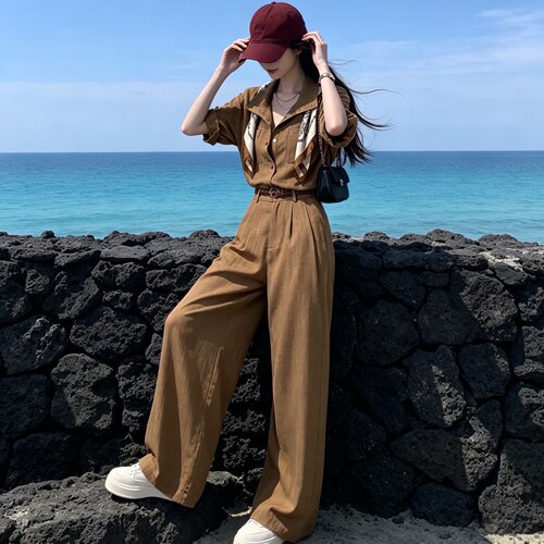 Liixu 夏季老钱风休闲气质套装休闲衬衫垂感阔腿裤显瘦通勤一整套