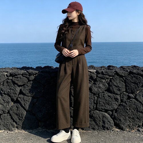 复古毛呢马甲阔腿裤三件套女
