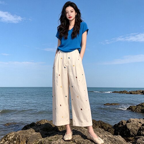 夏季小个子高腰显瘦波点直筒裤