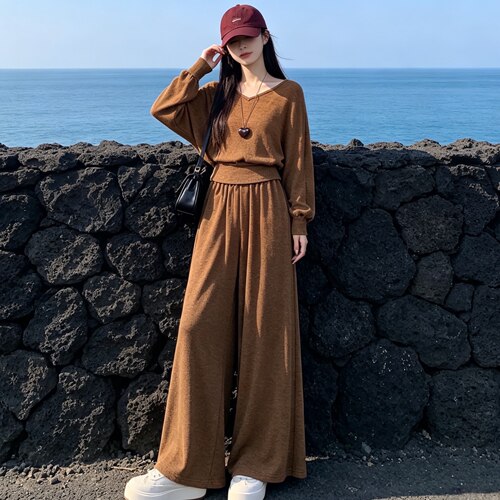 菜菜温柔气质风小个子秋季休闲显瘦V领上衣显高阔腿长裤两件套