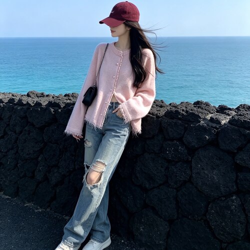 韩系设计感流苏毛衣外套女2026秋冬新款宽松软糯小个子针织开衫