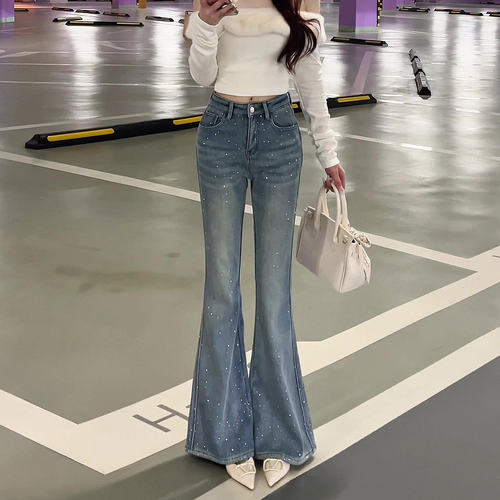 微喇牛仔裤女秋冬加绒加厚高级感高腰显瘦满天星烫钻超模喇叭裤子