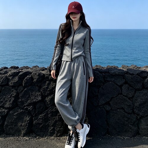 2026秋季新款韩版时尚休闲运动套装女立领卫衣外套阔腿裤两件套