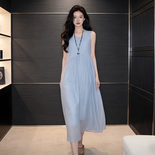 夏季田园甜美蓝色无袖连衣裙