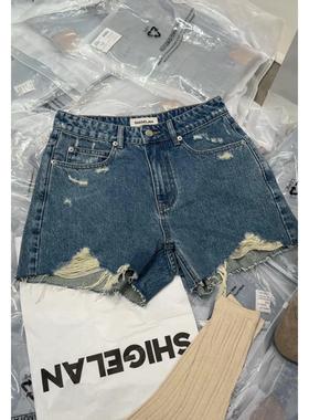 秒发诗歌兰2025秋新款 58330-2美式复古街头直筒破洞裤牛仔短裤女