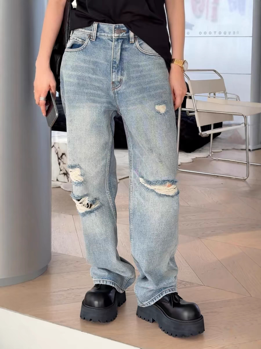 秒发 诗歌兰女装春款M018破洞牛仔裤直筒显瘦长裤