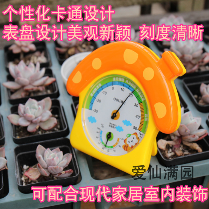 爱仙满园得力牌品质卡通款创意个性植物办公室温度计阳台湿度计-封面