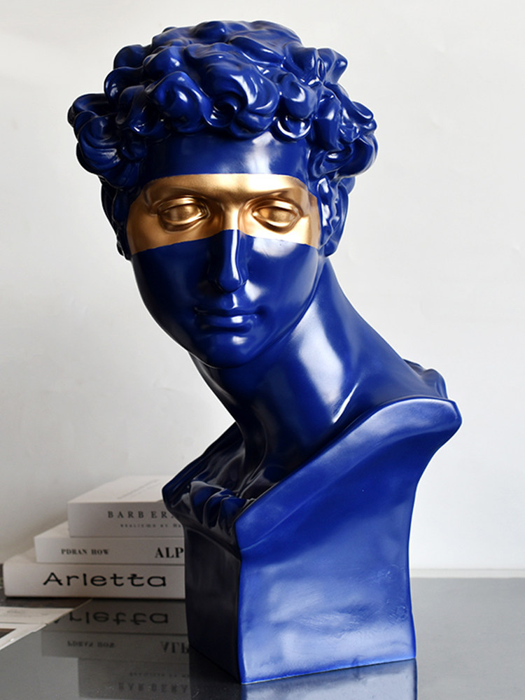 北欧轻奢蓝色大卫雕像希腊样板房摆件创意艺术品玄关雕塑软装饰品