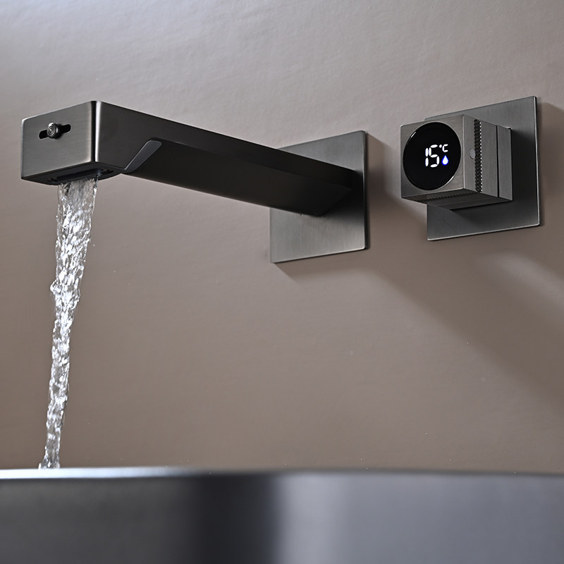 四方扁平铜抢灰色暗装入墙式数显洗脸台盆面盆龙头上喷出水龙头