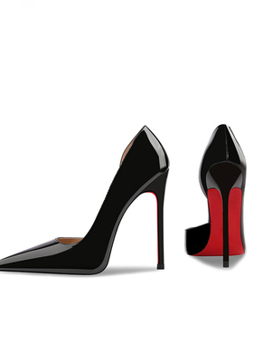 CL红底鞋浅口侧空黑色漆皮尖头细跟高跟鞋2026年春季新款性感女鞋
