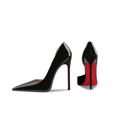 CL红底鞋浅口侧空黑色漆皮尖头细跟高跟鞋2026年春季新款性感女鞋
