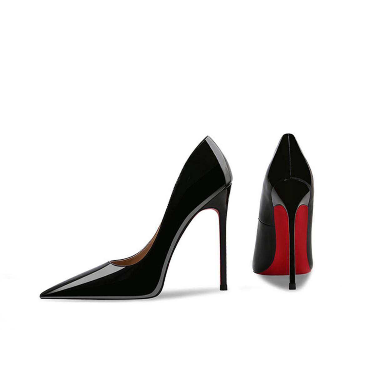 CL红底鞋2025年秋冬新款黑色漆皮尖头细跟高跟鞋女小众高级感百搭