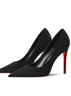 CL红底鞋黑色绒面红底高跟鞋女2026年春季新款尖头细跟浅口女鞋