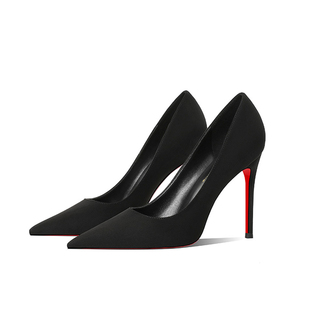 CL红底鞋黑色绒面红底高跟鞋女2026年春季新款尖头细跟浅口女鞋