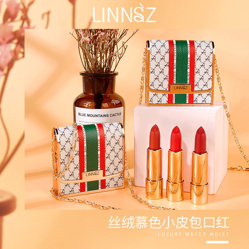 琳妆丝绒慕色皮包口红套盒防水防汗哑光三支装皮包口红套装外贸