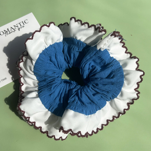 英国goodsquish非市面普通版手工蕾丝发圈蓝白撞色大肠圈少女