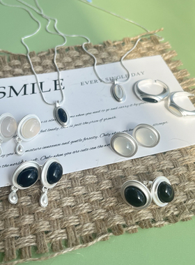 董洁同款黑玛瑙耳环黑曜石白玉髓耳钉s925银针时尚简约高级轻奢